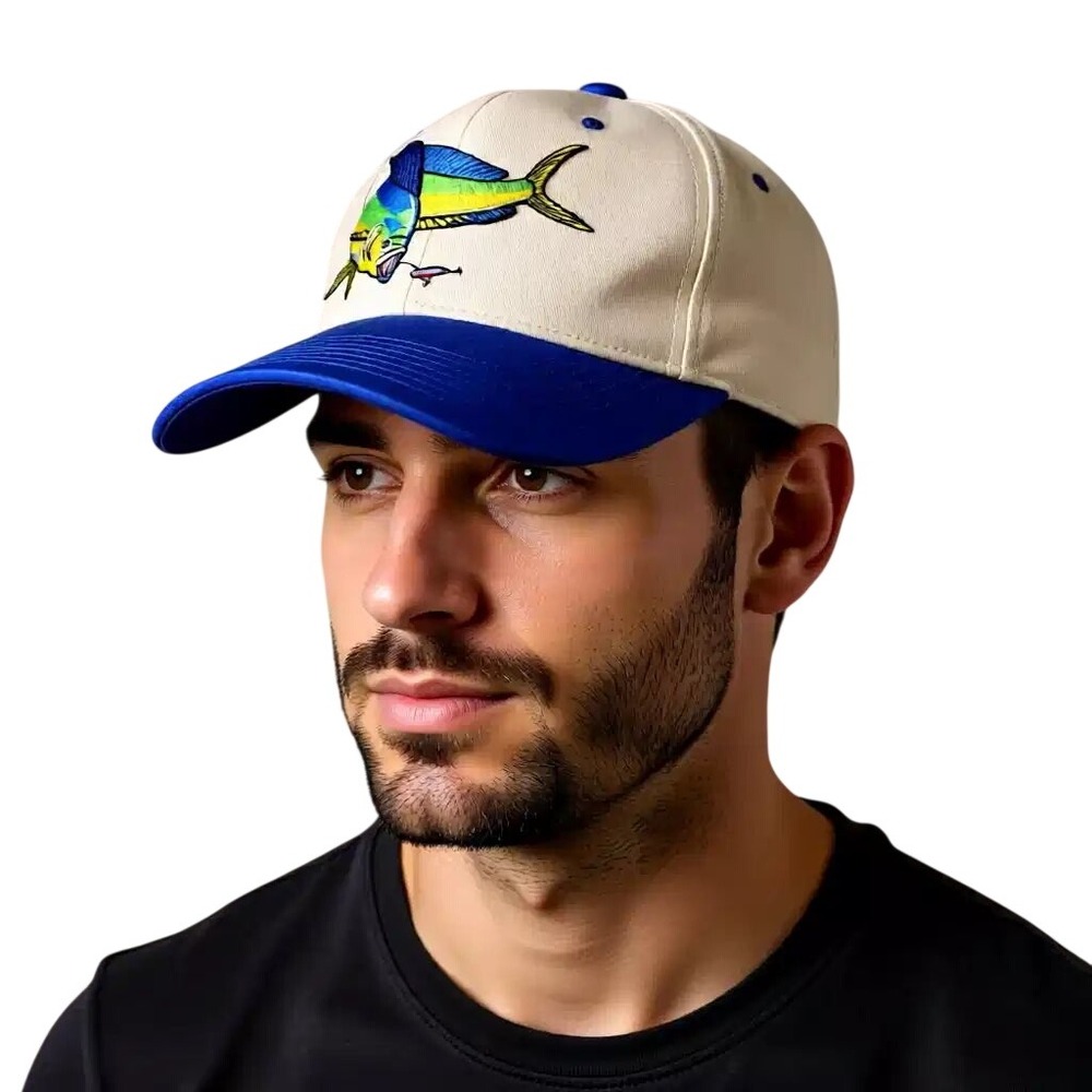 Vintage Mahi Mahi Dorado Fishing‎ Hat Blue Cream Embroidered Trucker Cap
